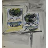 Gerard Dillon - VIEW THROUGH THE WINDOW - Pen & Ink Drawing with Watercolour Wash - 9 x 9 inches -