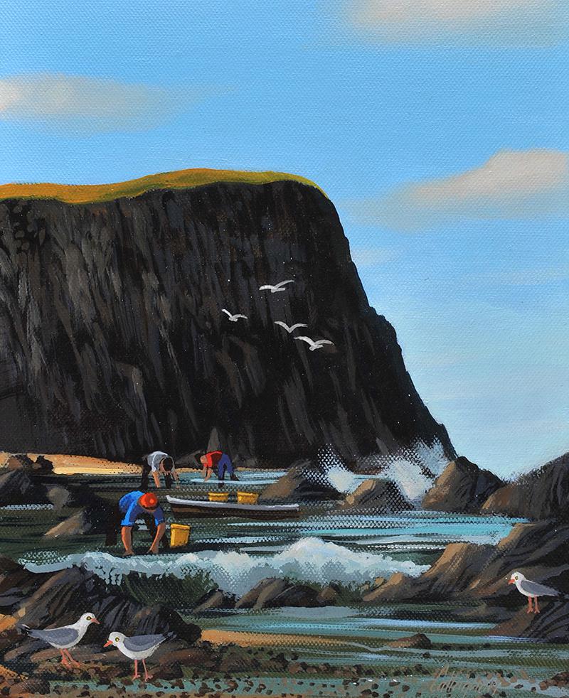 George Callaghan - COLLECTING SHELLFISH - Oil & Acrylic on Canvas - 12 x 9 inches - Signed