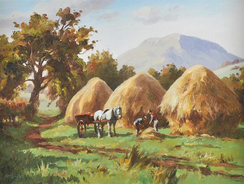 Donal McNaughton - BUILDING HAYSTACKS - Oil on Board - 18 x 24 inches - Signed