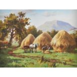 Donal McNaughton - BUILDING HAYSTACKS - Oil on Board - 18 x 24 inches - Signed