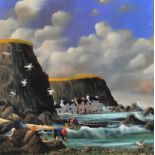 George Callaghan - COLLECTING WINKLES - Oil & Acrylic on Canvas - 12 x 12 inches - Signed