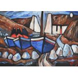 J.P. Rooney - BOATS BACK FROM THE BAY - Oil on Board - 10 x 14 inches - Signed