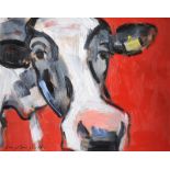Con Campbell - NOSEY COW ON RED - Oil on Board - 10 x 8 inches - Signed