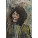 William Conor, RHA RUA - GIRL IN THE GREEN COAT - Wax Crayon on Paper - 10 x 7 inches - Signed