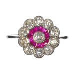 18 CT WHITE GOLD DIAMOND AND RUBY CLUSTER RING