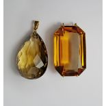 A large yellow metal mounted cushion cut citrine pendant, approx 53mm x 35mm x 20mm, together with