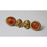 A pair of Greek Tragedy mask and carved intaglio gentleman's cufflinks, with cast male and female