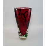 A large Murano glass vase, possibly 1970-1980, of red glass cased in clear, with purple and green