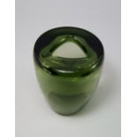 A Leerdam green glass vase, c. 1940, of waisted form with a triangular aperture, etched mark to
