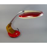 A Fase red metal and wood mounted lamp, c. 1970, the shade supported on three chrome rods, the