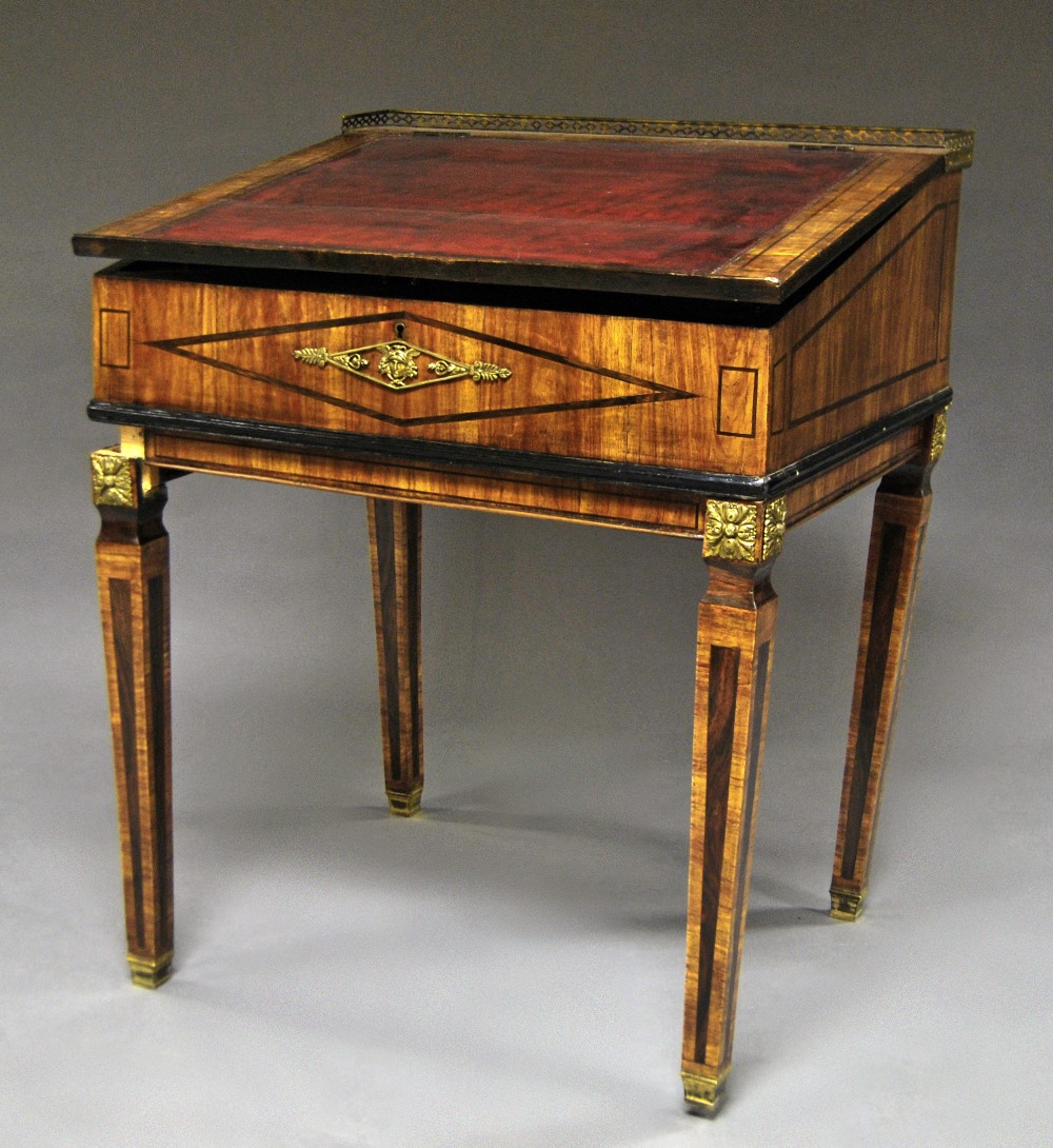 A French inlaid and gilt metal mounted bureau, 19th century,  with three quarter gallery  above a