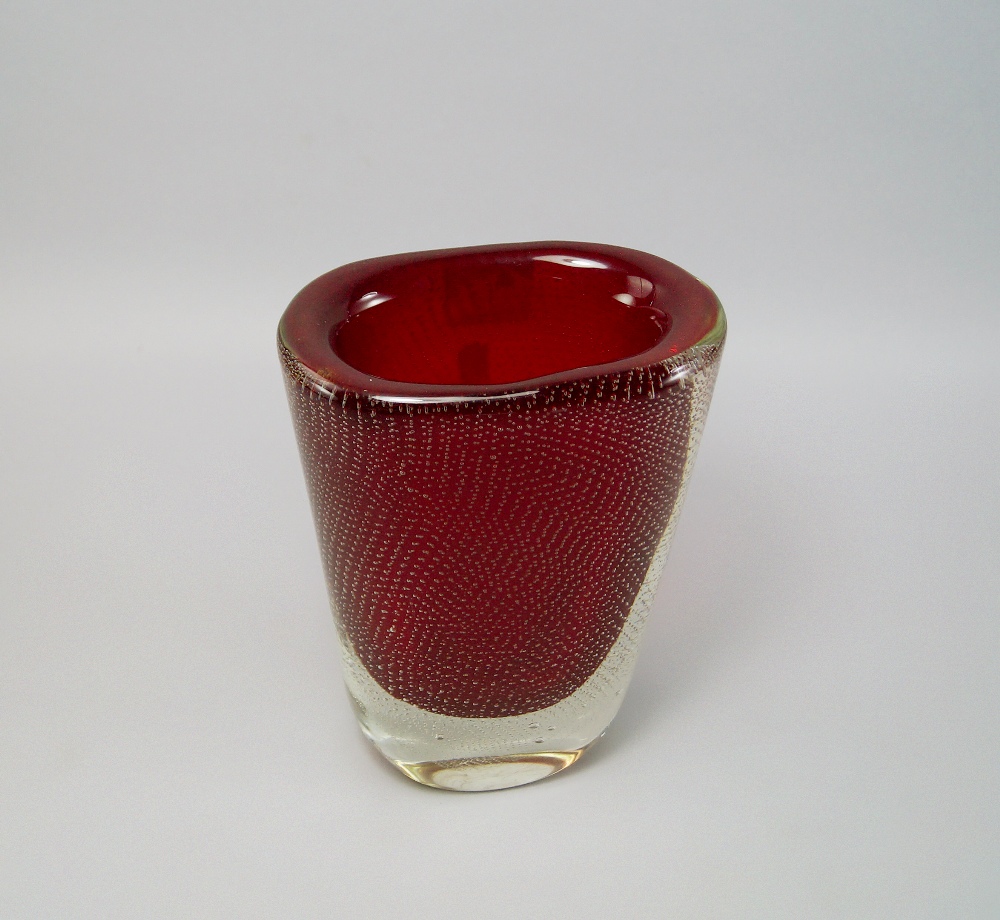 A Murano bullicini red glass vase, c 1940's, overlaid in clear glass, 23.5cm high CONDITION