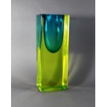 A large Cenedese style slab vase, 20th century, of rectangular form, in green glass with an internal