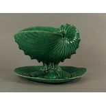 A Wedgwood green majolica tureen and stand, late 19th/early 20th, modelled in the form of a