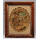 An early 19th century embroidered and painted silk oval picture, featuring a farmer and daughter,