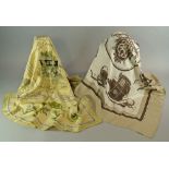 Hermes: A silk scarf by Hermes, Paris, carriage design in brown cream and taupe colourway,