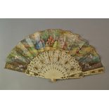 An Edwardian fan in the 18th century style, with carved, gilded and silvered bone guards and