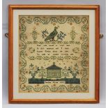 A 19th century embroidered sampler by Caroline Hayes 1837, with verse, worked with flowers, bird and