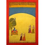 An Indian miniature painting of Krishna seated with Gopis in attendance,