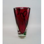 A large Murano glass vase, possibly 1970-1980, of red glass cased in clear, with purple and green