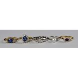 A collection of five rings, to include a French 18ct gold sapphire and diamond ring, c.