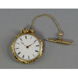 A yellow metal cased open face ladies pocket watch, with chased and engraved floral decoration,