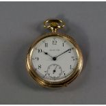 A Zenith yellow metal cased open face pocket watch, stamped 14K, early 20th century, white enamel