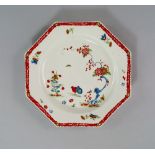 A Worcester porcelain octagonal plate, 18th century, decorated in the Kakiamon palate, with the '