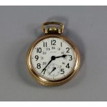 A Waltham gold filled open face pocket watch, white enamel dial and twenty-four hour marked Arabic