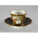 A Sevres porcelain cup and saucer, 19th century, painted with vignettes of courting couples and