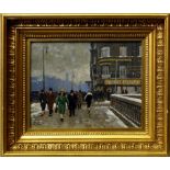 Paul Fischer, Danish 1860-1934- "Gadeparti fra København, vinter"; oil on panel, signed, 19x24.