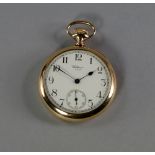 A Waltham 9ct gold cased open face pocket watch, Birmingham 1920, white enamel dial with black Roman