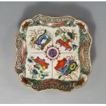 A Worcester porcelain square shaped dish, 18th century, painted and decorated with the Dragons in