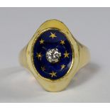 A gold and enamel diamond set ring, the approx 0.01ct single diamond centrally mounted within the