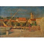 Edouard Cremieux, French 1856-1944- Mediterranean harbour scene; oil on board, signed, 23.5x32.5cm