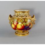 A Royal Worcester twin handled porcelain vase decorated by M. M. Price, the body of globular form,