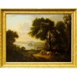 Follower of Thomas Jones, British 1743-1803- Landscape with cattle and woodland with the shores of a