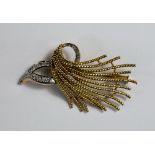 A yellow and white metal diamond set spray brooch, c.1950s, of rope twist spray form, approx 5cm,
