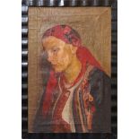 Jerzy Karszniewicz, Polish 1878-1945- Portrait of a woman, head and shoulders wearing a head scarf
