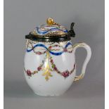 A French porcelain chocolate pot, 18th century, marks for the Vincennes Seguin factory, with metal