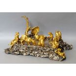 Jose Maria David, French b.1944- Group of animals around a watering hole; gilt and silvered bronze
