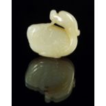 A Chinese carved pale green and russet jade dragon, 19th Century, with head turned around body,