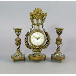 A French champleve lyre shaped clock garniture, 19th century, with painted enamel dial,