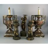 A pair of Italian painted gesso and carved wood candlesticks, 19th century, modeled as urns on