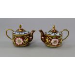 Two Chinese miniature enamelled brass famille rose teapots with covers,