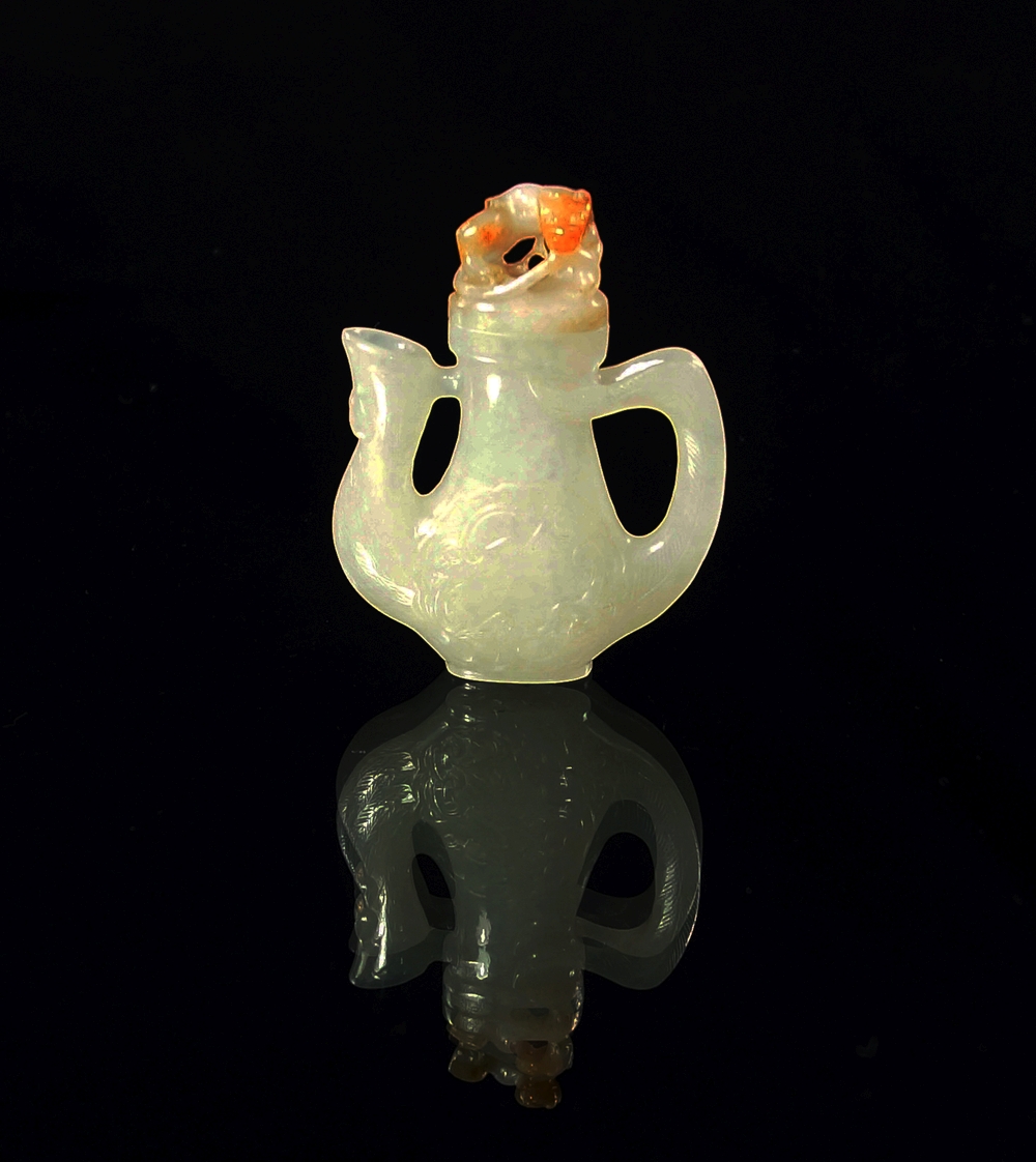 A Chinese jade bottle modelled as a Chicken form ewer, late 19th/20th century,