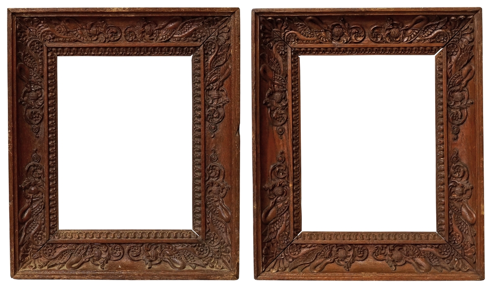 A Pair of French Carved Mahogany Empire Frames, early 19th century, with rais-de-coeur, taenia,