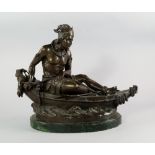 After Duchoiselle, 20th century, a bronze model of an Indian rowing a canoe, signed to canoe