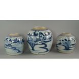 A pair of Provincial Ming blue and white porcelain ginger jars, lacking covers, 16.5cm high,