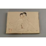 A Japanese album, 20th century, printed and coloured with scenes of couples in erotic embraces, 16 x